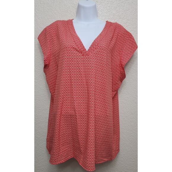 Hilary Radley Red White Geo Print Short Capped Sleeves XXL Plus Lightweight Soft - Picture 1 of 5